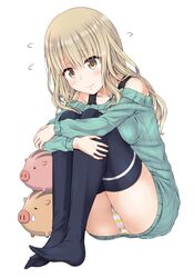  animal_tower aqua_sweater black_thighhighs blonde_hair blush boar bra_strap breast_press breasts closed_mouth commentary_request dress female flying_sweatdrops full_body knees_to_chest large_breasts long_hair long_sleeves miyubi_shigi original panties pantyshot simple_background sports_bra striped_clothes striped_panties sweater sweater_dress thighhighs underwear white_background yellow_eyes 