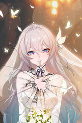  alternate_costume blue_eyes blue_pupils bouquet bow breasts bridal_veil broken_glass bug butterfly chinese_commentary cleavage commentary_request dress earrings female firefly_(honkai:_star_rail) glass glowing_butterfly gradient_hair green_hair hair_between_eyes hair_ornament hairbow holding holding_bouquet honkai:_star_rail honkai_(series) jewelry large_breasts long_hair looking_at_viewer m78_zaitaoaotezhanshi mole mole_on_breast multicolored_hair purple_eyes see-through see-through_veil smile solo straight-on tiara upper_body veil wedding wedding_dress white_bow white_butterfly white_dress white_hair white_tiara white_veil 