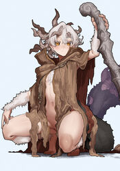  absurdres barefoot cape ekrea_jan elden_ring female genderswap_(mtf) highres horns margit_the_fell_omen multiple_horns naked_cape navel rule_63 simple_background solo squatting white_hair yellow_eyes 