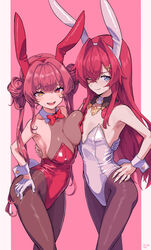  2girls ;) absurdres alternate_costume ange_katrina animal_ears asymmetrical_docking blue_eyes breast_press breasts brown_pantyhose chilidog_(lumchan777) fake_animal_ears flat_chest gloves heterochromia highres hololive houshou_marine large_breasts long_hair looking_at_viewer multiple_girls nijisanji oerba_yun_fang one_eye_closed open_mouth pantyhose pink_background playboy_bunny rabbit_ears red_eyes red_hair smile standing twintails two-tone_background virtual_youtuber white_gloves 