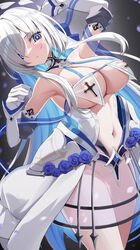  arm_behind_head arm_up armor armpits azur_lane bare_shoulders blue_bow blue_eyes blue_hair blue_ribbon blush bow breast_curtains breasts brennus_(azur_lane) cleavage collarbone colored_inner_hair commentary covered_nipples cowboy_shot cross detached_sleeves faulds female gloves hair_between_eyes hair_over_one_eye hairbow halo halo_behind_head highres humo large_breasts long_hair looking_at_viewer multicolored_hair navel no_bra no_panties parted_lips ribbon see-through see-through_skirt sidelocks skirt solo standing stomach two-tone_hair very_long_hair white_gloves white_hair white_skirt white_sleeves 