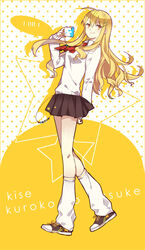  ahoge blonde_hair border cellphone character_name commentary_request female genderswap_(mtf) gyaru hair_ornament hairclip happy holding holding_phone kise_ryouta kogal kuroko_no_basuke leg_warmers long_hair looking_at_viewer phone rule_63 skirt smartphone smile solo standing tian_daoling yellow_border yellow_eyes 