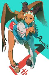  aduti_momoyama belt bird black_hair brown_eyes brown_footwear club_(weapon) cutoffs dark-skinned_female dark_skin earrings female hawk headband highres holding holding_weapon jewelry lily_hawk open_mouth pogamoggan red_shorts shorts street_fighter street_fighter_6 thighs weapon white_belt 