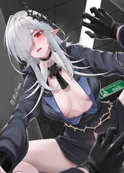  1boy arknights ascot black_dress black_gloves blush breasts center_opening cowgirl_position doctor_(arknights) dress female gladiia_(arknights) gladiia_(i_am_the_tides)_(arknights) gloves grey_hair hair_over_one_eye highres holding long_hair looking_at_viewer medium_breasts mildt navel pointy_ears red_eyes shirt simple_background solo_focus very_long_hair white_background white_hair 