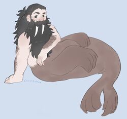  1boy bara beard beard_over_mouth dungeon_meshi dwarf facial_hair full_body highres long_beard long_tusks looking_at_viewer lucraven male_focus merman mermay_2024 monster_boy monsterification moustache nude plump senshi_(dungeon_meshi) solo thick_arm_hair thick_mustache very_long_beard walrus_boy 