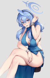  ako_(blue_archive) ako_(dress)_(blue_archive) black_hairband blue_archive blue_dress blue_eyes blue_hair blue_halo blush breasts cleavage crossed_legs cuffs dress feet_out_of_frame female grey_background hair_between_eyes hairband halo handcuffs highres large_breasts long_hair looking_at_viewer official_alternate_costume open_mouth qumai79 simple_background sleeveless sleeveless_dress solo thighs 