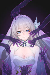  alternate_costume blue_eyes blue_pupils bouquet bow breasts bridal_veil chinese_commentary cleavage commentary_request dress earrings female firefly_(honkai:_star_rail) gradient_hair green_hair hair_between_eyes hair_ornament hairbow holding holding_bouquet honkai:_star_rail honkai_(series) jewelry large_breasts long_hair looking_at_viewer m78_zaitaoaotezhanshi mole mole_on_breast multicolored_hair purple_eyes see-through see-through_veil smile solo straight-on tiara upper_body veil wedding wedding_dress white_bow white_dress white_hair white_tiara white_veil 