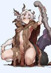  absurdres armpits barefoot cape ekrea_jan elden_ring female genderswap_(mtf) highres horns margit_the_fell_omen multiple_horns naked_cape navel rule_63 simple_background solo squatting white_hair yellow_eyes 