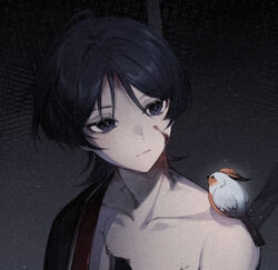  1boy ahoge bird black_hair black_shirt blood blood_on_face blunt_ends broken_skin cable closed_mouth collarbone eyeshadow feathered_wings genshin_impact grey_background grey_feathers hair_between_eyes half-closed_eyes highres looking_to_the_side makeup male_focus nekomi_0 no_headwear open_clothes open_shirt purple_eyes red_eyeshadow scaramouche_(genshin_impact) shirt short_hair short_sleeves simple_background single_bare_shoulder solo upper_body wings 