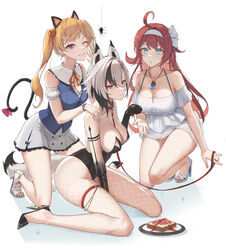  3girls absurdres ahoge arlecchino_(genshin_impact) black_eyes black_hair black_leotard breasts bug cat_tail character_request cleavage clervie_(genshin_impact) dress eliskalti fishnet_pantyhose fishnets food genshin_impact green_eyes grey_hair hair_between_eyes hairband highres kneeling large_breasts leotard long_hair looking_at_viewer multicolored_hair multiple_girls pantyhose pink_hair red_pupils simple_background sitting spider symbol-shaped_pupils tail two-tone_hair wariza white_dress white_hair white_hairband x-shaped_pupils 