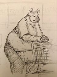  angry annoyed anthro beef belly_overhang binbow bottomwear canid clothing collared_shirt food grocery_store hand_on_face hatching_(art) hi_res hyena leaning leaning_forward male mammal markings meat morbidly_obese morbidly_obese_anthro morbidly_obese_male obese obese_anthro obese_male overweight overweight_anthro overweight_male pants product shaded shopping_cart solo spots spotted_hyena spotted_markings thick_thighs wardrobe_malfunction 