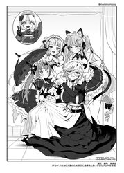  5girls :&lt; absurdres ade_(nikke) animal_ears antenna_hair apron ascot asymmetrical_bangs bell blush border bow bowtie breasts cat_ears cat_tail choker cleavage cleavage_cutout closed_mouth clothing_cutout cocoa_(nikke) commentary double_bun drake_(maid_for_villain)_(nikke) drake_(nikke) dress fake_animal_ears fake_tail fangs flat_chest frilled_umbrella frills full_body glasses goddess_of_victory:_nikke greyscale hair_bun hair_ornament hair_ribbon hairbow hairclip heart_hands_quartet highres holding holding_umbrella indoors inset jingle_bell juliet_sleeves large_breasts layered_skirt long_hair long_sleeves looking_at_viewer maid maid_apron maid_for_you_(nikke) maid_headdress mole mole_on_breast monochrome multiple_girls neck_bell neck_ribbon nikumanman open_mouth parasol parted_bangs parted_lips paw_hair_ornament pleated_skirt privaty_(nikke) privaty_(unkind_maid)_(nikke) puffy_sleeves ribbon short_hair skirt small_breasts smile soda_(nikke) sparkling_eyes squatting standing tail tile_floor tiles tress_ribbon twintails twitter_username umbrella v wrist_cuffs 