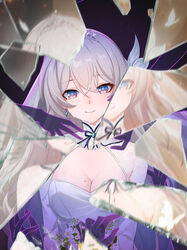  alternate_costume blue_eyes blue_pupils bouquet bow breasts bridal_veil bug butterfly chinese_commentary cleavage commentary_request different_reflection disembodied_hand dress earrings female firefly_(honkai:_star_rail) glowing_butterfly gradient_hair green_hair hair_between_eyes hair_ornament hairbow holding holding_bouquet honkai:_star_rail honkai_(series) jewelry large_breasts long_hair looking_at_viewer m78_zaitaoaotezhanshi mole mole_on_breast multicolored_hair purple_eyes reaching_towards_another reflection see-through see-through_veil smile solo straight-on tiara upper_body veil wedding wedding_dress white_bow white_butterfly white_dress white_hair white_tiara white_veil 