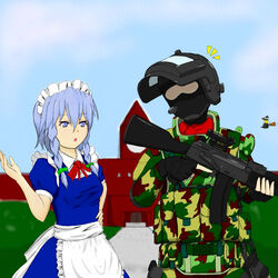  1boy 2girls armor blonde_hair broom commentary_request day door flying gloves grey_hair gun hair_ribbon hat helmet image_sample izayoi_sakuya kirisame_marisa koumakan_keibihei long_hair maid male_focus mansion mask military military_uniform multiple_girls nicoseiga_sample open_mouth ribbon rifle short_hair sky soldier touhou uniform weapon witch witch_hat 