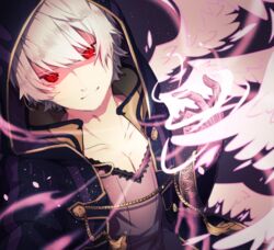  1boy bad_id bad_pixiv_id cape dark_persona evil_smile fire_emblem fire_emblem_awakening fire_emblem_heroes gloves grima_(fire_emblem) hood looking_at_viewer male_focus red_eyes robe robin_(fire_emblem) robin_(male)_(fire_emblem) smile solo tida_2112 white_hair wizard 