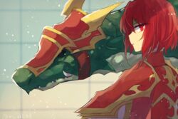  armor banned_artist fire_emblem fire_emblem:_monshou_no_nazo gloves headband looking_at_viewer minerva_(fire_emblem) nunuko_(mu661129) red_armor red_eyes red_hair short_hair solo 