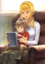  1boy ahoge akatsuki_(gundam_tekketsu_no_orphans) blonde_hair blue_eyes bracelet breasts commentary_request couch female guchico gundam gundam_tekketsu_no_orphans jewelry kudelia_aina_bernstein large_breasts light_brown_hair long_sleeves pants photoshop_(medium) purple_eyes red_shirt shirt shoes short_hair sitting sitting_on_lap sitting_on_person spoilers tablet_pc teaching white_shirt 