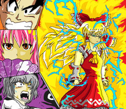  1boy 3girls aura black_eyes black_hair blonde_hair bow brown_eyes clenched_teeth commentary_request crossover detached_sleeves dragon_ball dragon_ball_z dress electricity green_eyes grey_hair hair_ribbon hair_tubes hakurei_reimu hand_fan image_sample konpaku_youmu long_hair male_focus multiple_girls nicoseiga_sample no_eyebrows open_mouth pink_hair red_dress ribbon rimongri saigyouji_yuyuko shaking short_hair son_goku spiked_hair super_saiyan super_saiyan_3 surprised sweatdrop teeth touhou vest 