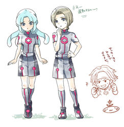  2boys asta_(inazuma_eleven) bad_id bad_pixiv_id blue_hair brown_hair destructchers dreadlocks female flower fran_(inazuma_eleven) full_body inazuma_eleven_(series) inazuma_eleven_go inazuma_eleven_go_vs_danball_senki_w long_hair mizuhara_aki multiple_boys open_mouth san_(inazuma_eleven) short_hair soccer_uniform sportswear standing sweat white_background 