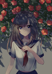  :o blue_eyes blush breasts brown_hair commentary_request dappled_sunlight female flower long_hair looking_at_viewer midriff_peek original parted_lips sailor_collar school_uniform serafuku short_sleeves solo sterilizedgauze-qhx sunlight trumpet_creeper uniform upper_body 