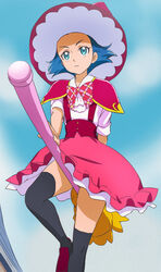  aqua_eyes black_thighhighs blue_hair broom broom_riding female haruyama_kazunori hat jun_(mahou_girls_precure!) magic_school_uniform mahou_girls_precure! pink_skirt precure school_uniform short_hair skirt solo thighhighs witch_hat 