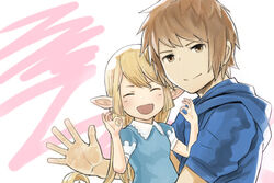  1boy :d ^_^ blonde_hair blue_dress blue_shirt blush brown_eyes brown_hair charlotta_(granblue_fantasy) closed_eyes closed_mouth collared_dress commentary_request double_ok_sign dress female gran_(granblue_fantasy) granblue_fantasy head_tilt hood hoodie long_hair looking_at_viewer ok_sign open_mouth pointy_ears puffy_short_sleeves puffy_sleeves shirt short_sleeves simple_background size_difference smile swept_bangs walkalone waving white_background 