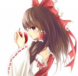  apple bad_apple!! bad_id bad_pixiv_id bow brown_eyes brown_hair detached_sleeves female food fruit hairbow hakurei_reimu highres open_mouth red_bow solo touhou white_background white_theme x&amp;x&amp;x 