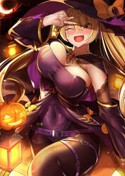  ;d azur_lane belt blonde_hair blush bouncing_breasts breasts brown_eyes cleavage commentary_request covered_nipples detached_sleeves female gem halloween hat jack-o&#039;-lantern jewelry kirome_(kamipaper) large_breasts long_hair necklace nelson_(azur_lane) nelson_(luna_witch)_(azur_lane) official_alternate_costume one_eye_closed open_mouth pantyhose red_gemstone smile solo sweatdrop thick_thighs thighs twintails unaligned_breasts v vial wide_hips witch_hat 