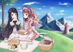  2girls :d black_hair brown_hair cloud commentary_request cup day food gothic_lolita green_eyes hairband holding lolita_fashion lolita_hairband long_hair mountain multiple_girls open_mouth original outdoors picnic picnic_basket red_eyes sandwich sitting sky smile sweet_lolita tamaki_iori teacup teapot 