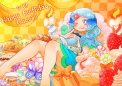  :p bad_id bad_pixiv_id blue_eyes blue_hair bug butterfly candle dress female food fruit legs long_hair one_eye_closed original smile solo strawberry sweets tatugon tongue tongue_out 