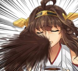  ahoge brown_hair closed_eyes coffee commentary cup double_bun emphasis_lines female hair_bun hanjuku_tomato headgear kantai_collection kongou_(kancolle) long_hair nontraditional_miko parody solo spit_take spitting tantei_monogatari teacup 