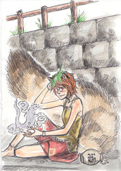  animal_ears bad_id bad_pixiv_id bone brown_hair female ferret futatsuiwa_mamizou ghost graphite_(medium) highres kobuushi leaf leaf_on_head one-eyed painting_(medium) photoshop_(medium) raccoon_ears raccoon_tail short_hair sitting skirt sleeveless tail touhou traditional_media very_short_hair wall watercolor_(medium) 