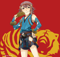  1boy artist_name brown_hair commentary_request fire_emblem fire_emblem_fates hand_fan hayato_(fire_emblem) male_focus red_background setsu_hu simple_background solo tiger 