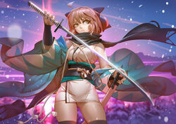  absurdres ass_visible_through_thighs bare_shoulders bow commentary contrapposto eyelashes fate_(series) female green_eyes hairbow highres japanese_clothes jojaow koha-ace obi okita_souji_(fate) okita_souji_(koha-ace) parted_lips petals photoshop_(medium) pink_hair sash scarf sheath short_hair skindentation solo standing sword thighhighs thighs tree vambraces weapon wide_sleeves 