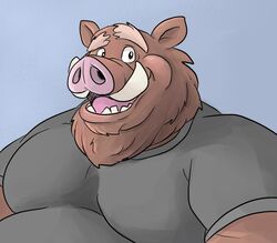  anthro belly clothing gator_(artist) looking_at_viewer male mammal moobs muscular muscular_anthro muscular_male open_mouth shirt smile solo suid suina sus_(pig) teeth topwear wild_boar 