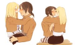  2girls blonde_hair brown_hair chadolbaegi closed_eyes commentary_request couple freckles from_side happy kissing krista_lenz laughing multiple_girls paradis_military_uniform shingeki_no_kyojin short_hair smile ymir_(shingeki_no_kyojin) yuri 