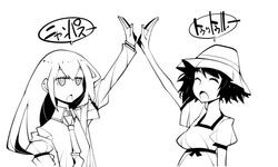  2girls catchphrase dowman_sayman dress greyscale hat long_hair long_sleeves makise_kurisu monochrome multiple_girls non_non_biyori nyanpassu~ open_mouth shiina_mayuri short_hair simple_background smile steins;gate translated white_background 