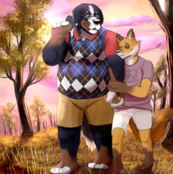  belly bottomwear canid canine canis clothing domestic_dog duo eyewear fox gator_(artist) glasses hand_holding happy male male/male mammal mike_(disambiguation) overweight overweight_male plant romantic romantic_ambiance romantic_couple shirt shorts sky smile stroll topwear tree 