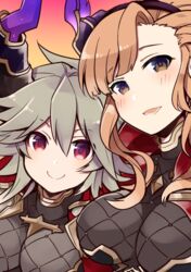  2girls :d blush breasts brown_eyes cape commentary_request draph gradient_background granblue_fantasy grey_hair hair_between_eyes horns large_breasts long_hair looking_at_viewer multiple_girls nozomu144 open_mouth orange_hair red_eyes smile teeth threo_(granblue_fantasy) tweyen_(granblue_fantasy) upper_body 