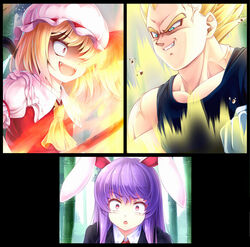  1boy 2girls angry animal_ears aura blonde_hair bodysuit commentary_request crossover crystal dragon_ball dragon_ball_z flandre_scarlet gloves grin hat image_sample komimiyako multiple_girls muscular muscular_male nicoseiga_sample oerba_yun_fang open_mouth plant purple_hair rabbit_ears red_eyes red_ribbon reisen_udongein_inaba ribbon side_ponytail smile spiked_hair super_saiyan touhou vampire vegeta vest vines wings 