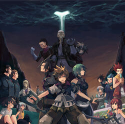  2girls 6+boys aeleus aqua_(kingdom_hearts) bald beard black_hair blue_hair braig brown_eyes brown_hair coat commentary_request crisis_core_final_fantasy_vii dilan even_(kingdom_hearts) everyone evil_smile eyepatch facial_hair final_fantasy final_fantasy_vii green_eyes green_hair grey_hair grin ienzo isa_(kingdom_hearts) kairi_(kingdom_hearts) keyblade kingdom_hearts kingdom_hearts_birth_by_sleep lea_(kingdom_hearts) master_eraqus master_xehanort milcoco multiple_boys multiple_girls red_hair reverse_grip riku_(kingdom_hearts) short_hair smile sora_(kingdom_hearts) spiked_hair terra_(kingdom_hearts) vanitas_(kingdom_hearts) ventus_(kingdom_hearts) weapon zack_fair 