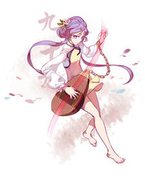  barefoot biwa_lute commentary_request female full_body hair_ornament highres instrument long_hair long_sleeves looking_at_viewer luckyia lute_(instrument) music musical_note photoshop_(medium) playing_instrument purple_eyes purple_hair simple_background smile solo touhou tsukumo_benben twintails 