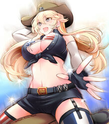  american_flag american_flag_bikini american_flag_print asymmetrical_legwear bare_shoulders belt belt_buckle bikini bikini_top_only blonde_hair blue_eyes breasts buckle commentary_request cowboy_hat cowboy_shot crop_top female fingerless_gloves flag_print garter_straps gloves hat iowa_(kancolle) kantai_collection large_breasts long_hair mechanical_bull midriff mismatched_legwear navel primary_stage print_bikini short_shorts shorts smile solo star-shaped_pupils star_(symbol) striped_clothes striped_thighhighs swimsuit symbol-shaped_pupils thighhighs vertical-striped_clothes vertical-striped_thighhighs 