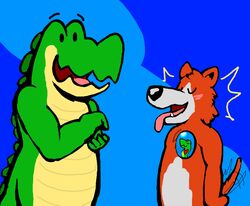  abstract_background alligator alligatorid anthro canid canine crocodilian duo fur gator_(artist) happy male mammal orange_body orange_fur reptile scalie tail tail_motion tailwag tongue tongue_out 