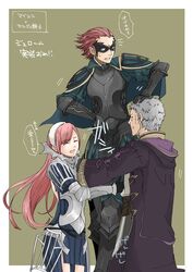  2boys armor cape cherche_(fire_emblem) commentary_request female fire_emblem fire_emblem_awakening gerome_(fire_emblem) gloves hairband hug long_hair mask mother_and_son multiple_boys pink_hair red_eyes red_hair robaco robin_(fire_emblem) robin_(male)_(fire_emblem) scar short_hair smile translation_request weapon 