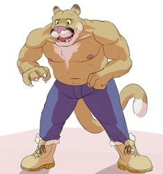  anthro clothed clothing cougar felid feline gator_(artist) male mammal muscular muscular_anthro muscular_male navel nipples smile solo topless yellow_sclera 