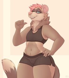  2017 ambiguous_gender anthro athletic athletic_ambiguous athletic_anthro blue_eyes bra clothed clothing colored_nails digital_media_(artwork) domestic_ferret facial_piercing hair hi_res mammal mustelid musteline nails neck_tuft nextel nose_piercing piercing pink_hair septum_piercing shaded simple_background skimpy solo sports_bra thick_thighs true_musteline tuft underwear weasel 