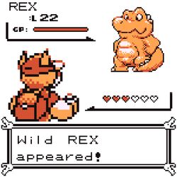  1:1 alligator alligatorid ambiguous_gender anthro backpack clothing crocodilian digital_media_(artwork) duo english_text gator_(artist) gauge hat headgear headwear heart_symbol male monochrome nintendo pixel_(artwork) pokemon reptile rex_(disambiguation) scalie simple_background sprite standing text white_background 