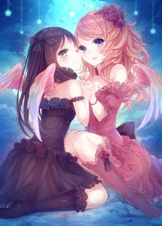  2girls bare_shoulders black_hair blue_eyes brown_hair commentary_request dress eyelashes flower green_eyes hair_flower hair_ornament hair_ribbon highres holding_hands interlocked_fingers long_hair looking_at_viewer mini_wings multiple_girls one_eye_closed original ribbon sitting smile socks star_(symbol) tamaki_iori wariza wings 