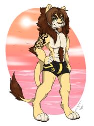  anthro apes avoid_posting beach clothing facial_hair felid fur goatee hair hi_res lion looking_at_viewer male mammal outside pantherine seaside solo standing tail tail_tuft tuft underwear 